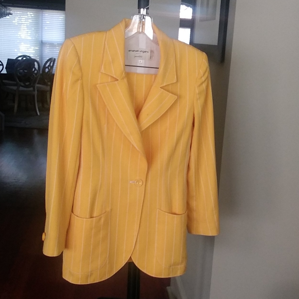 Emanuel Ungaro yellow suit with white pinstripes